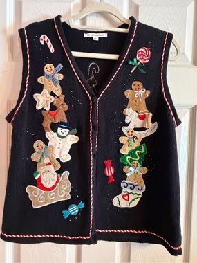 Mercer Street Studio Black Knit V-Neck Button Front Christmas Sweater Vest L